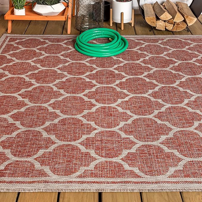 Eyely BMS109C-4 Santa Monica Trebol Moroccan Trellis Textured Weave Indoor/Outdoor Area Rug Coastal;Bohemian, Bedroom, Backyard, Patio, Easy-Cleaning, Non-Shedding, 4 X 6, Red/Beige
