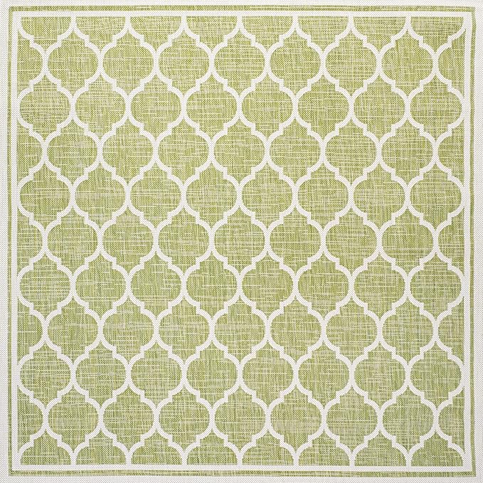 Eyely BMS109G-5SQ Santa Monica Trebol Moroccan Trellis Textured Weave Indoor/Outdoor Area Rug Coastal;Bohemian, Bedroom, Backyard, Patio, Easy-Cleaning, Non-Shedding, 5' Square, Green/Cream