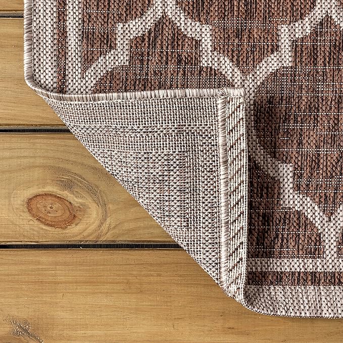 Eyely BMS109B-214 Santa Monica Trebol Moroccan Trellis Textured Weave, Pet Friendly, Non-Shedding, Stain Resistant, Easy-Cleaning, Espresso/Taupe, 2 ft. x 14 ft., Indoor/Outdoor, Runner Rug