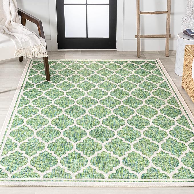 Eyely BMS109I-4 Santa Monica Trebol Moroccan Trellis Textured Weave Indoor/Outdoor Area Rug Coastal;Bohemian, Bedroom, Backyard, Patio, Easy-Cleaning, Non-Shedding, 4 X 6, Cream/Green