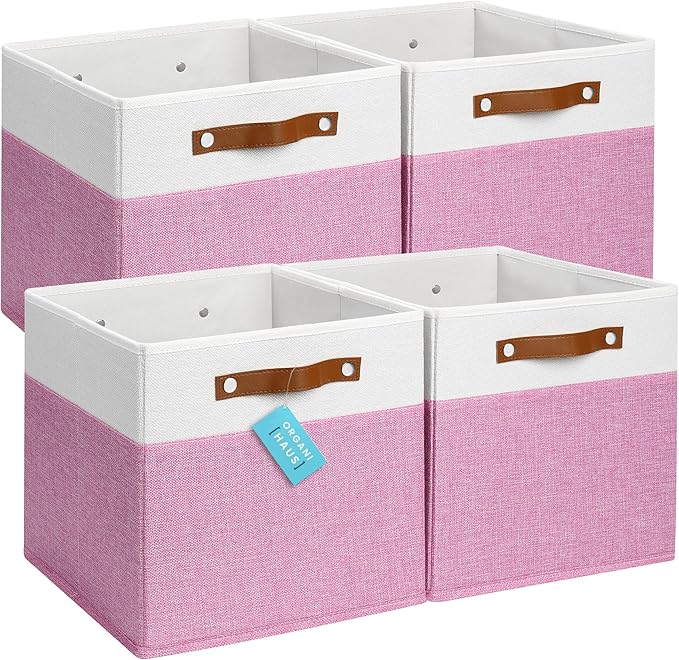 OrganiHaus 12x12 Fabric Storage Bins - Set of 4, Cube Fabric Organizer Bins with Vegan Handles, Kallax Storage Cubes, Cubbies Organizer Boxes, 12Inch Cubic Baskets for Shelves - Pink/White