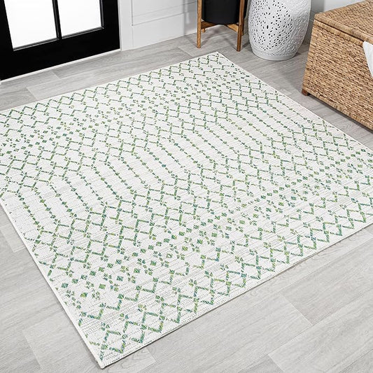 JONATHAN Y SMB108R-5SQ Ourika Moroccan Geometric Textured Weave Indoor Outdoor Area Rug, Bohemian, Rustic, Scandinavian Easy Clean,Bedroom,Kitchen,Backyard,Patio, Non-Shed, Green/Ivory, 5' Square