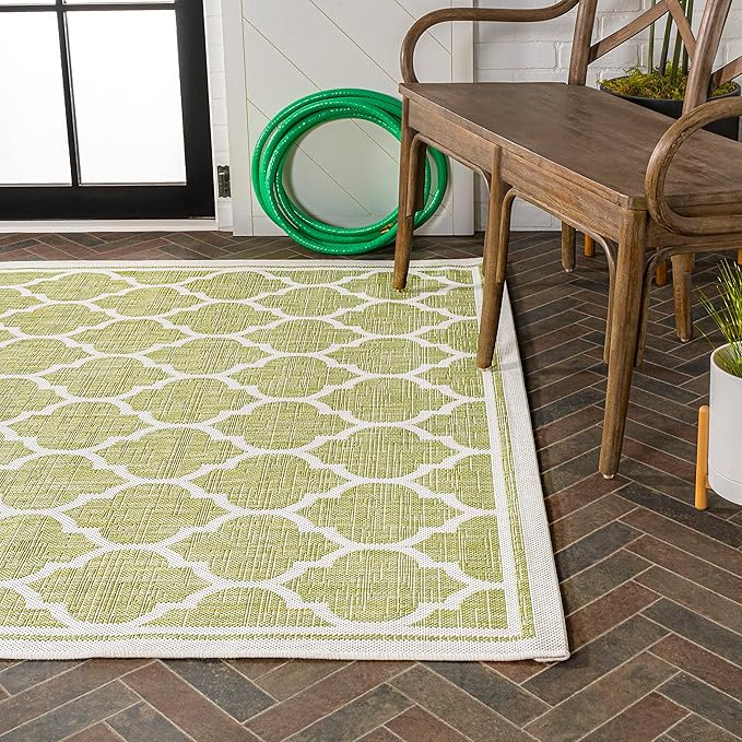 Eyely BMS109G-4 Santa Monica Trebol Moroccan Trellis Textured Weave Indoor/Outdoor Area Rug Coastal;Bohemian, Bedroom, Backyard, Patio, Easy-Cleaning, Non-Shedding, 4 X 6, Green/Cream