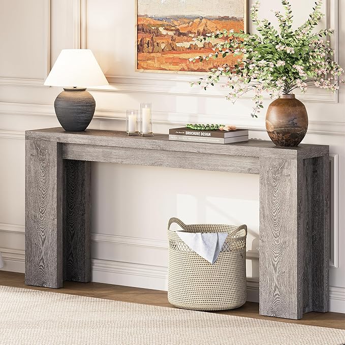 70.9 Inch Extra Long Console Table, Farmhouse Entryway Table with Thickened Base, Wood Sofa Table Behind Couch Table, Narrow Entry Way Accent Table for Living Room, Hallway, Entrance, Foyer, Grey