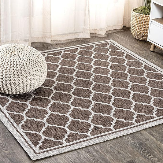 Eyely BMS109B-3SQ Santa Monica Trebol Moroccan Trellis Textured Weave, Pet Friendly, Non-Shedding, Stain Resistant, Easy-Cleaning, Espresso/Taupe, 3' Square, Indoor/Outdoor, Area Rug