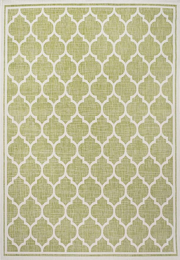 Eyely BMS109G-5 Santa Monica Trebol Moroccan Trellis Textured Weave Indoor/Outdoor Area Rug Coastal;Bohemian, Bedroom, Backyard, Patio, Easy-Cleaning, Non-Shedding, 5 X 8, Green/Cream