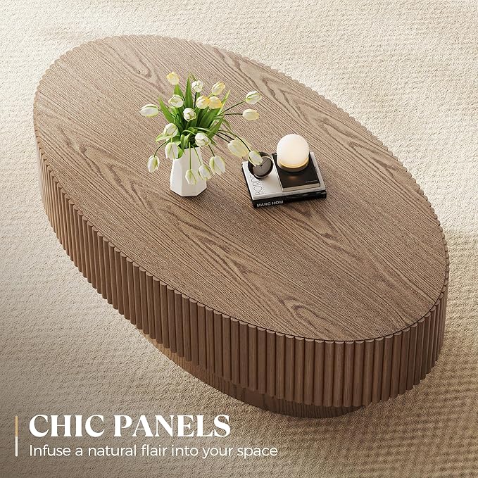 Oval Wood Coffee Table, Modern Fluted Coffee Table for Living Room, Veneer Handcrafted Relief 43.7" Olive-Shaped Tea Table with Sturdy Pedestal，Easy Assembly - Walnut