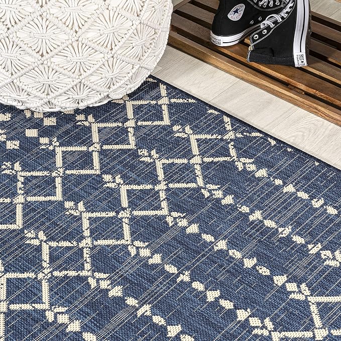 JONATHAN Y SMB108K-210 Ourika Moroccan Geometric Textured Weave Indoor Outdoor Runner Rug, Bohemian Coastal Traditional Easy-Cleaning,Bedroom,Kitchen,Backyard,Patio,Non Shedding, 2 X 10, Navy/Beige