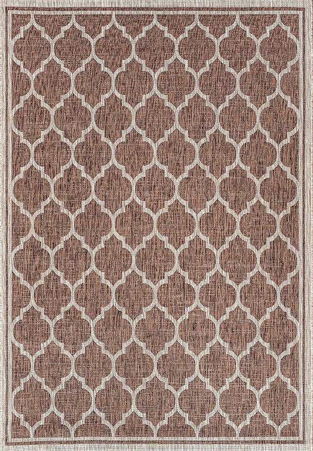 Eyely BMS109B-6 Santa Monica Trebol Moroccan Trellis Textured Weave, Pet Friendly, Non-Shedding, Stain Resistant, Easy-Cleaning, Espresso/Taupe, 6 ft. x 9 ft., Indoor/Outdoor, Area Rug