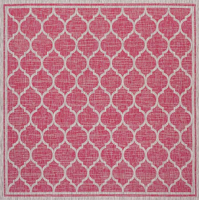 Eyely BMS109H-5SQ Santa Monica Trebol Moroccan Trellis Textured Weave Indoor/Outdoor Area Rug Coastal;Bohemian, Bedroom, Backyard, Patio, Easy-Cleaning, Non-Shedding, 5' Square, Fuchsia/Light Gray