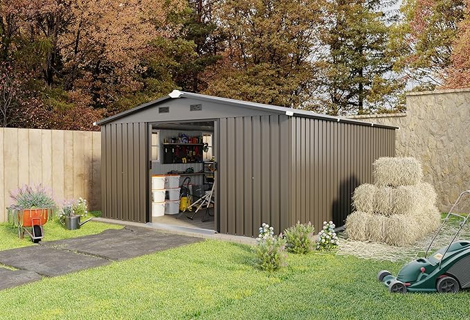 10x12 FT Outdoor Storage Shed, Large Metal Garden Shed with 2 Windows, Outside Tool Sheds with Lockable Sliding Doors, Waterproof Storage Building with 4 Air Vents for Backyard, Patio, Lawn, Brown