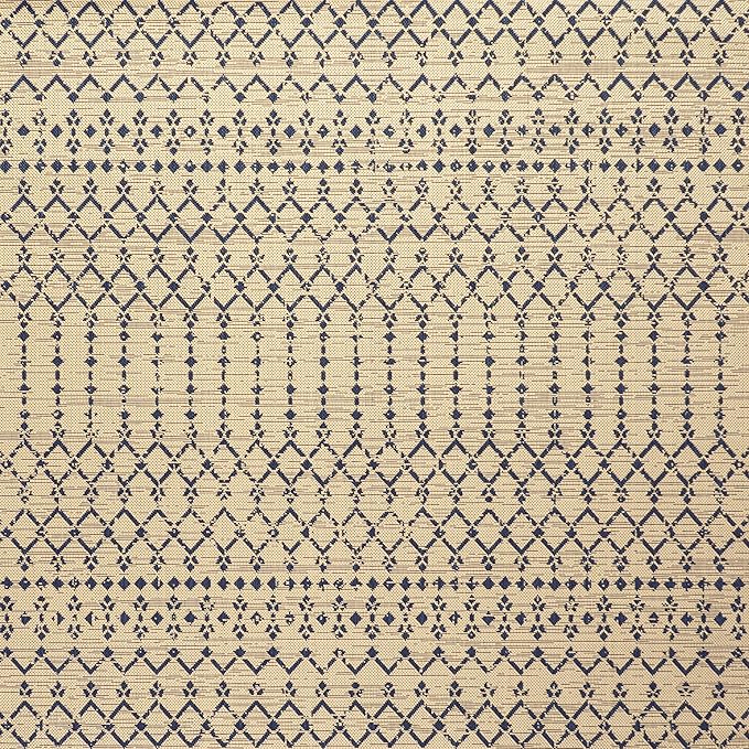 JONATHAN Y SMB108H-4SQ Ourika Moroccan Geometric Textured Weave Beige/Navy 4' Square Indoor/Outdoor Area Rug, Pet Friendly, Non-Shedding, Stain Resistant, Easy-Cleaning for Backyard, Patio, Porch