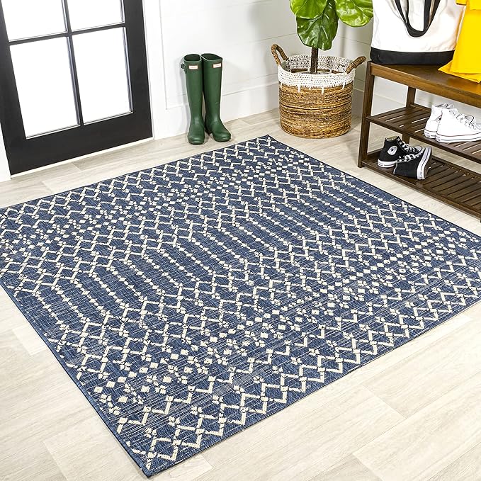 JONATHAN Y SMB108K-3SQ Ourika Moroccan Geometric Textured Weave Navy/Beige 3' Square Indoor/Outdoor Area Rug, Pet Friendly, Non-Shedding, Stain Resistant, Easy-Cleaning for Backyard, Patio, Porch