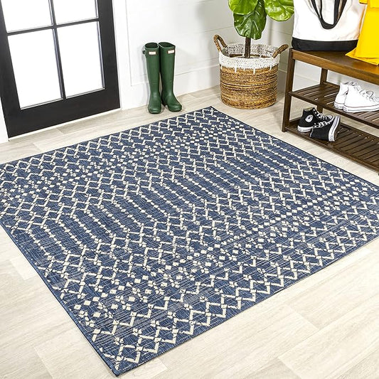 JONATHAN Y SMB108K-5SQ Ourika Moroccan Geometric Textured Weave Indoor Outdoor Area Rug, Coastal,Traditional,Transitional Easy Clean,Bedroom,Kitchen,Backyard,Patio, Non-Shed, Navy/Beige, 5' Square
