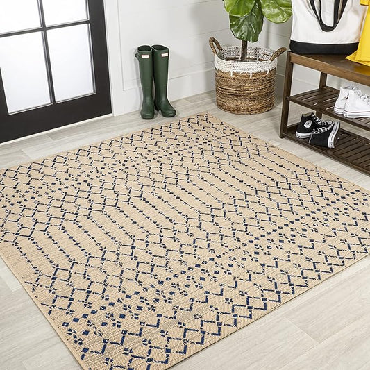 JONATHAN Y SMB108H-4SQ Ourika Moroccan Geometric Textured Weave Beige/Navy 4' Square Indoor/Outdoor Area Rug, Pet Friendly, Non-Shedding, Stain Resistant, Easy-Cleaning for Backyard, Patio, Porch