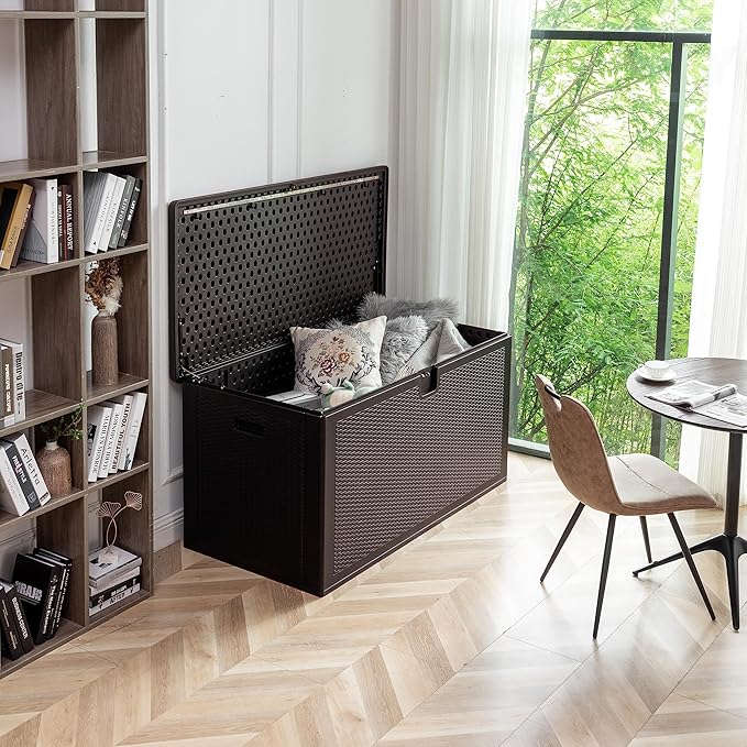 BTEXPERT 150 Gallon Large Resin Deck Box, Outdoor Storage Container for Patio Furniture Cushions Garden Tools Pool Toys Sports Equipment Waterproof Lockable Stainless Steel Metal insert rod