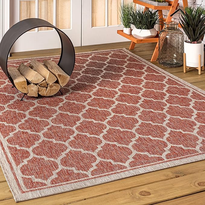 Eyely BMS109C-3 Santa Monica Trebol Moroccan Trellis Textured Weave Indoor/Outdoor Area Rug Coastal;Bohemian, Bedroom, Backyard, Patio, Easy-Cleaning, Non-Shedding, 3 X 5, Red/Beige