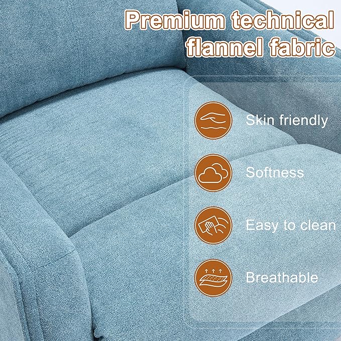 Manual 360° Swivel Rocker Recliner Chair for Adults, Overstuffed Glider Chair for Nursery with Vibration Massage and Heat, Comfy Soft Fabric Glider with Side Pockets for Living Room, Blue