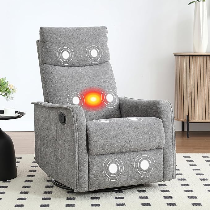 Massage Rocker Swivel Recliner Chair for Adults, Manual Recliner Glider with Lumbar Heating, Technical Flannel Fabric Nursery Glider Rocking Chair with Vibration Massage for Living Room - Grey