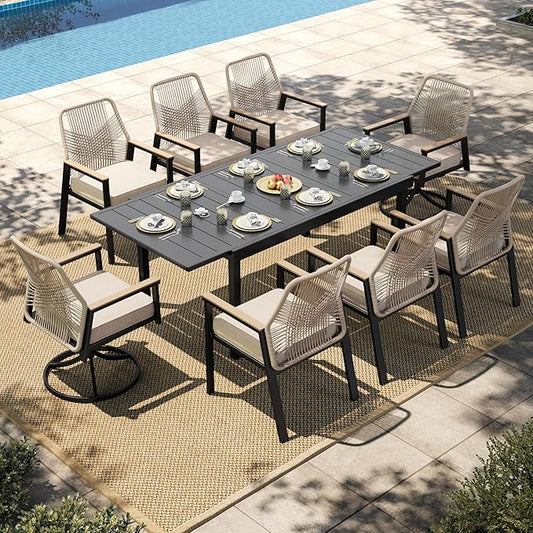 HERA'S HOUSE 9 Pieces Patio Table and Chairs Set, Outdoor Dining Set for 8, 2 x Cushioned Swivel Chairs and 6 x Fixed Chairs, 1 x Extendable Dining Table, Patio Dining Set for Lawn Garden Backyard