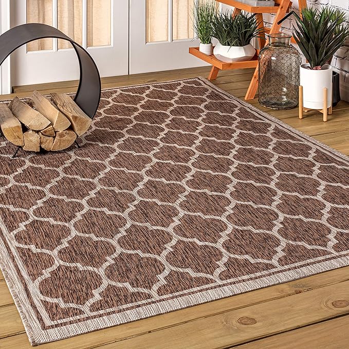 Eyely BMS109B-9 Santa Monica Trebol Moroccan Trellis Textured Weave Indoor/Outdoor Area Rug Coastal;Bohemian, Bedroom, Backyard, Patio, Easy-Cleaning, Non-Shedding, 9 X 12, Espresso/Taupe