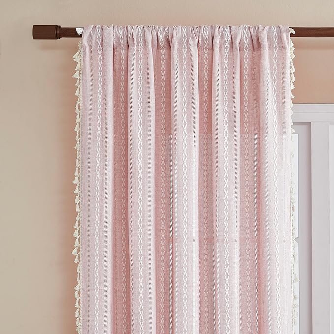 Linen Boho Curtains Cute Embroidered Pink Curtains for Girls Bedroom Nursery Room 84 Inches Long 2 Panels Light filtering Farmhouse Curtains for Living Room Rod Pocket Drapes (52" W x 84" L,Pink)