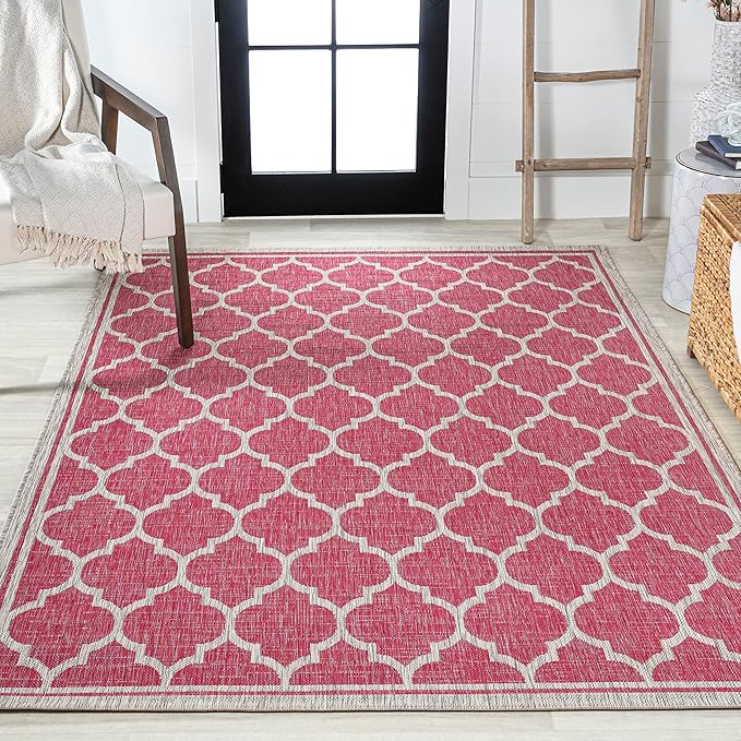 Eyely BMS109H-4 Santa Monica Trebol Moroccan Trellis Textured Weave Indoor/Outdoor Area Rug Coastal;Bohemian, Bedroom, Backyard, Patio, Easy-Cleaning, Non-Shedding, 4 X 6, Fuchsia/Light Gray