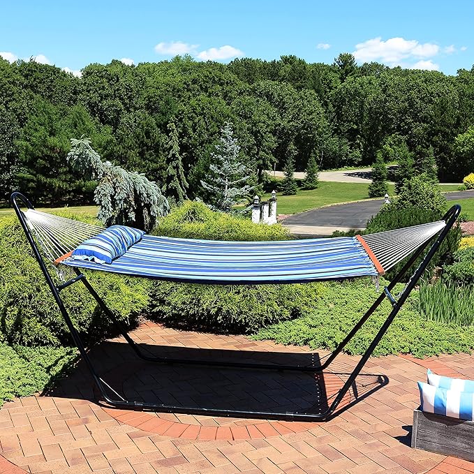 Sunnydaze Double Quilted Fabric Hammock with Universal Steel Stand - 450-Pound Capacity - Black Stand - Misty Beach
