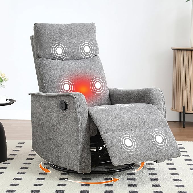 Manual 360° Swivel Rocker Recliner Chair for Adults, Overstuffed Glider Chair for Nursery with Vibration Massage and Heat, Comfy Soft Fabric Glider with Side Pockets for Living Room, Gray