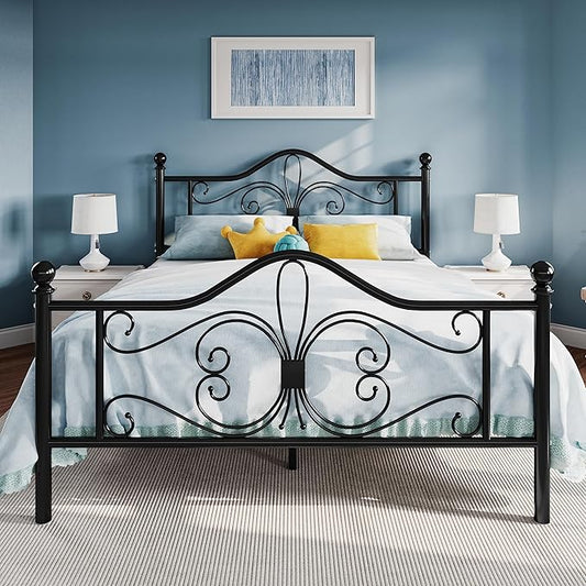 SHA CERLIN Queen Size Bed Frame and Headboard,Metal Bed Frame with Butterfly Pattern Design Headboard & Footboard,No Box Spring Needed,Easy Assembly,Black