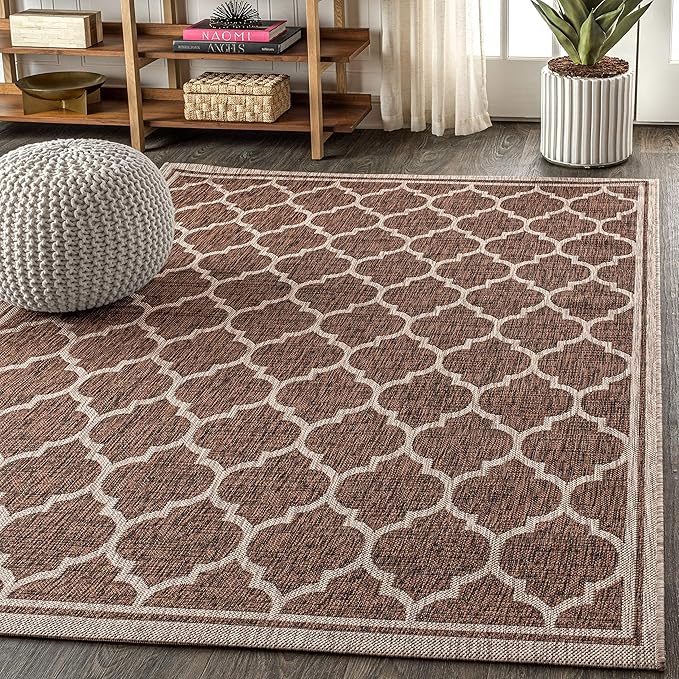 Eyely BMS109B-9 Santa Monica Trebol Moroccan Trellis Textured Weave Indoor/Outdoor Area Rug Coastal;Bohemian, Bedroom, Backyard, Patio, Easy-Cleaning, Non-Shedding, 9 X 12, Espresso/Taupe