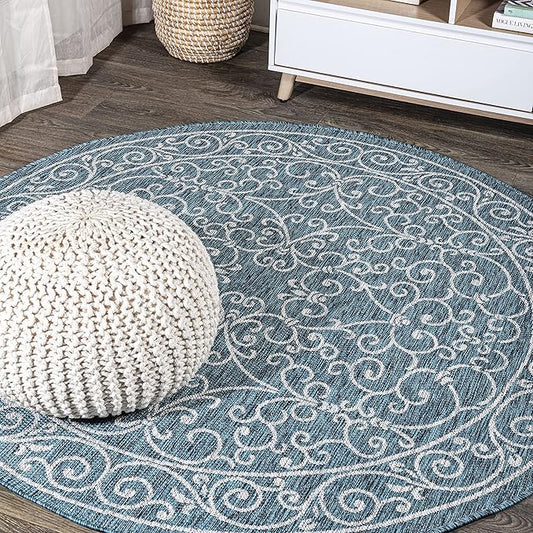 JONATHAN Y SMB106F-8R Charleston Vintage Filigree Textured Weave Teal/Gray 8' Round Indoor/Outdoor Area Rug, Pet Friendly, Non-Shedding, Stain Resistant, Easy-Cleaning for Backyard, Patio, Porch