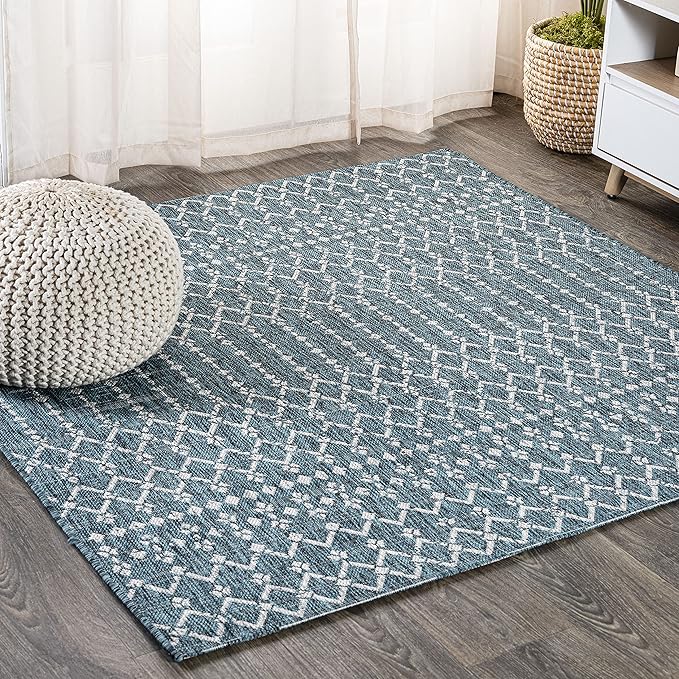 JONATHAN Y SMB108C-6SQ Ourika Moroccan Geometric Textured Weave Teal/Gray 6' Square Indoor/Outdoor Area Rug, Pet Friendly, Non-Shedding, Stain Resistant, Easy-Cleaning for Backyard, Patio, Porch