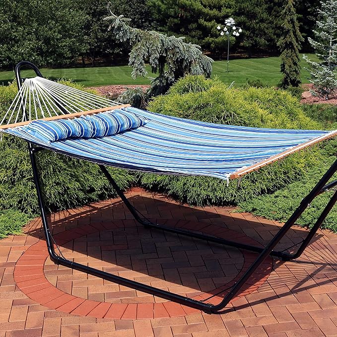 Sunnydaze Quilted Outdoor Hammock with Spreader Bars - Heavy-Duty 450-Pound Capacity Double Hammock for Outside - Breakwater Stripe