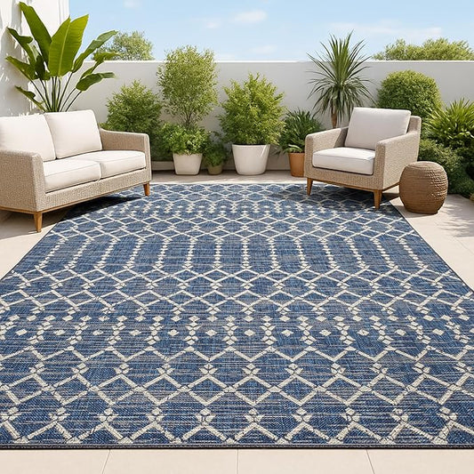 JONATHAN Y Moroccan Geometric Indoor Outdoor Area Rug 5X8 Navy/Beige, Ourika Textured Weave for Backyard, Patio, Porch, Easy-Cleaning, High Traffic, Pet-Friendly, Non-Shedding (SMB108K-5)