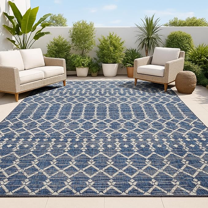JONATHAN Y Moroccan Geometric Indoor Outdoor Area Rug 8X10 Navy/Beige, Ourika Textured Weave for Backyard, Patio, Porch, Easy-Cleaning, High Traffic, Pet-Friendly, Non-Shedding (SMB108K-8)