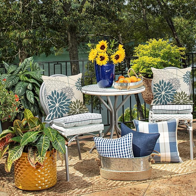 Blue Army Green Outdoor Pillow Covers Set of 2 18X18 Inch Teal Floral Elegant Polyester Flower Pillow Case Outdoor Waterproof Decor for Patio Funiture Garden Linen Cushion Covers 01C18