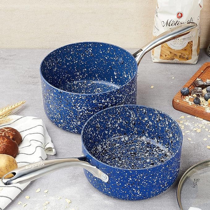Saucepan Set with Lid, Nonstick 2Qt & 3Qt Pot Set with Lid, Small Pot with Stainless Steel Handle, Natural Granite Nonstick Saucepan Set, Small Sauce Pots, Blue Pot Set - 2Qt & 3Qt