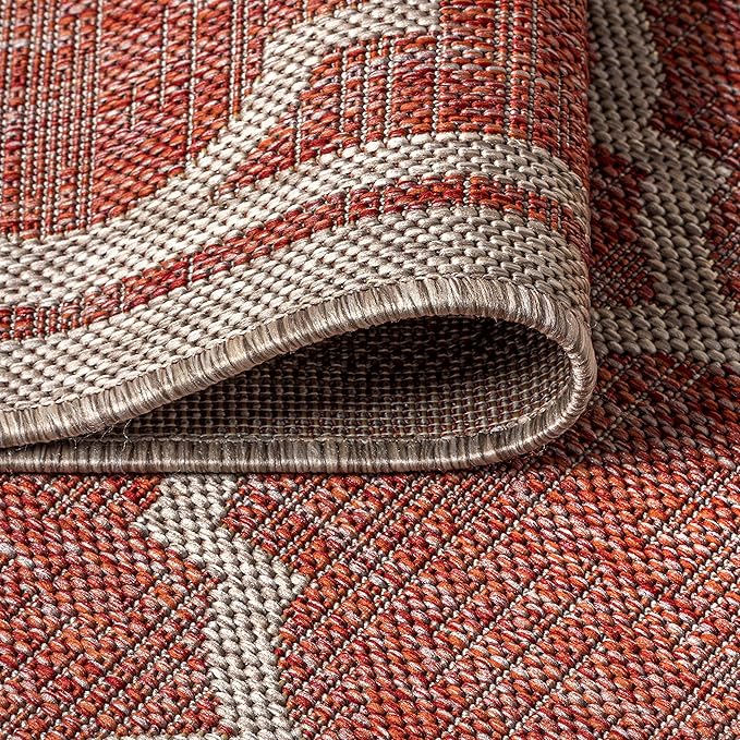 Eyely BMS109C-5R Santa Monica Trebol Moroccan Trellis Textured Weave Indoor/Outdoor Area Rug Coastal;Bohemian, Bedroom, Backyard, Patio, Easy-Cleaning, Non-Shedding, 5' Round, Red/Beige