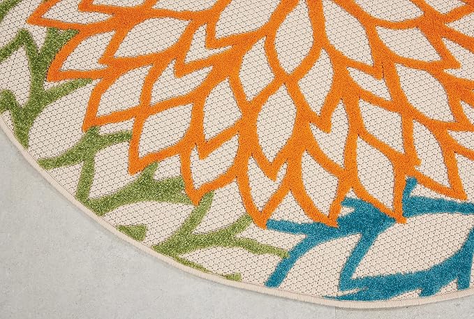 Nourison Aloha Indoor/Outdoor Multicolor 5'3'' x Round Area--Rug, Tropical, Botanical, Easy--Cleaning, Non Shedding, Bed Room, Living Room, Dining Room, Deck, Backyard, Patio (5 Round)