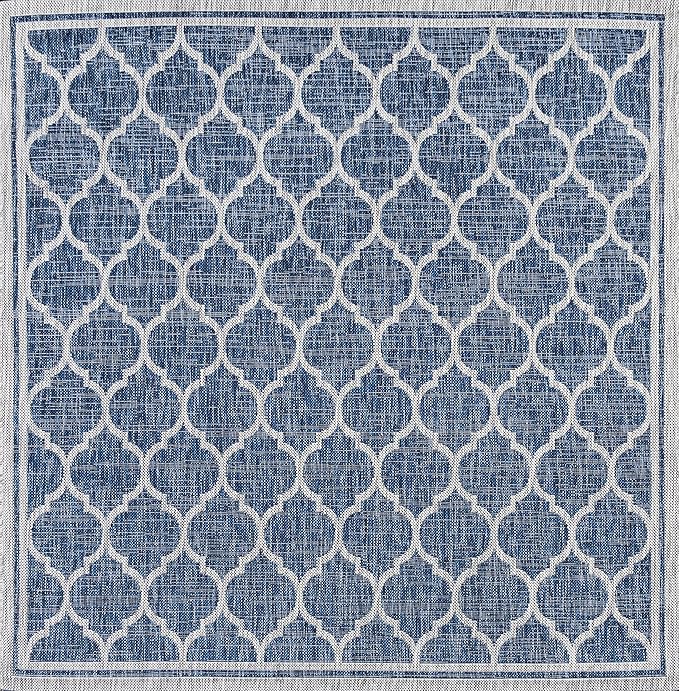 Eyely BMS109D-5SQ Santa Monica Trebol Moroccan Trellis Textured Weave Indoor/Outdoor Area Rug Coastal;Bohemian, Bedroom, Backyard, Patio, Easy-Cleaning, Non-Shedding, 5' Square, Navy/Gray