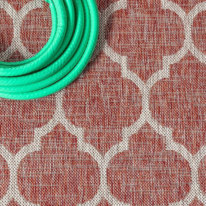 Eyely BMS109C-5SQ Santa Monica Trebol Moroccan Trellis Textured Weave Indoor/Outdoor Area Rug Coastal;Bohemian, Bedroom, Backyard, Patio, Easy-Cleaning, Non-Shedding, 5' Square, Red/Beige