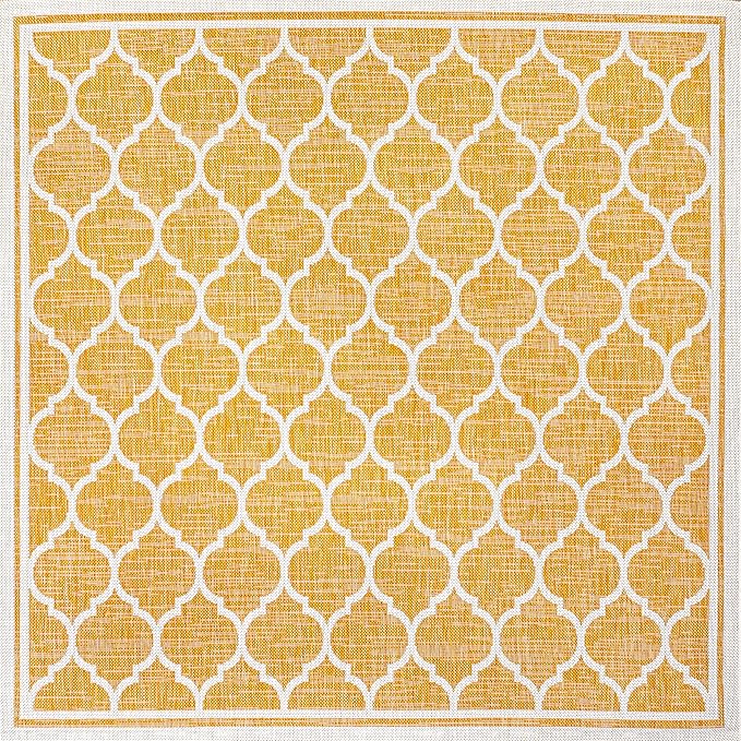Eyely BMS109F-5SQ Santa Monica Trebol Moroccan Trellis Textured Weave Indoor/Outdoor Area Rug Coastal;Bohemian, Bedroom, Backyard, Patio, Easy-Cleaning, Non-Shedding, 5' Square, Yellow/Cream