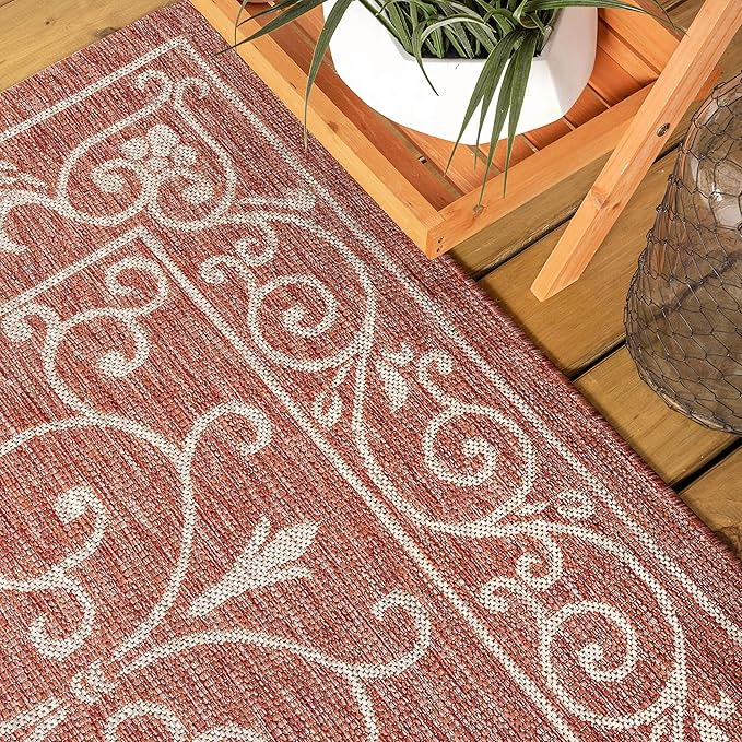 JONATHAN Y SMB106B-5R Charleston Vintage Filigree Textured Weave Indoor Outdoor Area Rug Classic Coastal Easy-Cleaning Bedroom Kitchen Backyard Patio Non Shedding, 5' Round, Red/Beige