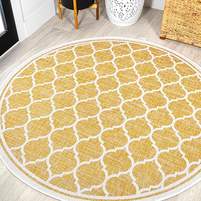 Eyely BMS109F-5R Santa Monica Trebol Moroccan Trellis Textured Weave Indoor/Outdoor Area Rug Coastal;Bohemian, Bedroom, Backyard, Patio, Easy-Cleaning, Non-Shedding, 5' Round, Yellow/Cream