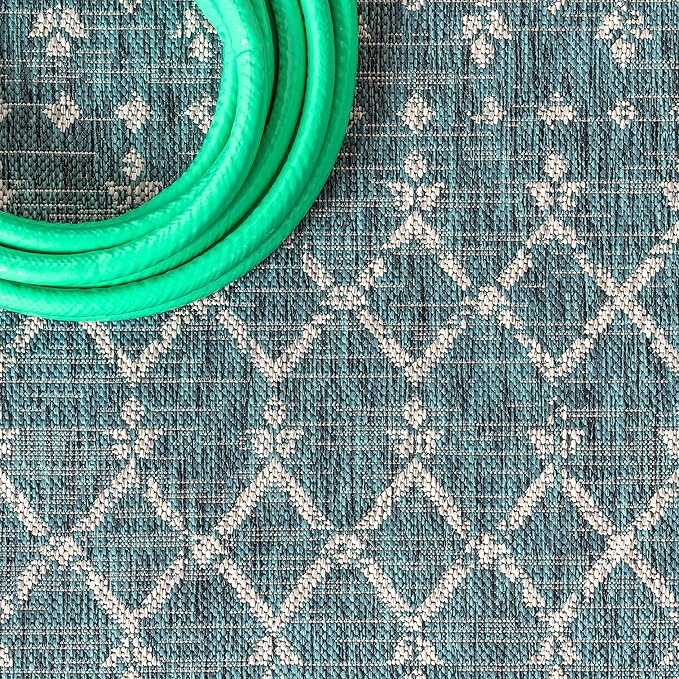 JONATHAN Y SMB108C-5SQ Ourika Moroccan Geometric Textured Weave Indoor Outdoor Area Rug, Bohemian, Rustic, Scandinavian Easy-Cleaning,Bedroom,Kitchen,Backyard,Patio,Non Shedding, Teal/Gray, 5' Square