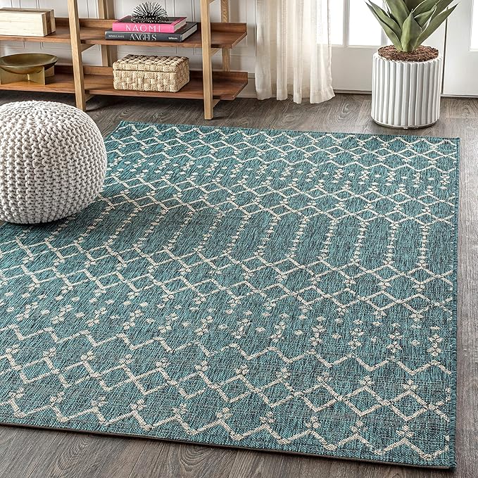 JONATHAN Y Moroccan Geometric Indoor Outdoor Area Rug 4X6 Teal/Gray, Ourika Textured Weave for Backyard, Patio, Porch, Easy-Cleaning, High Traffic, Pet-Friendly, Non-Shedding (SMB108C-4)