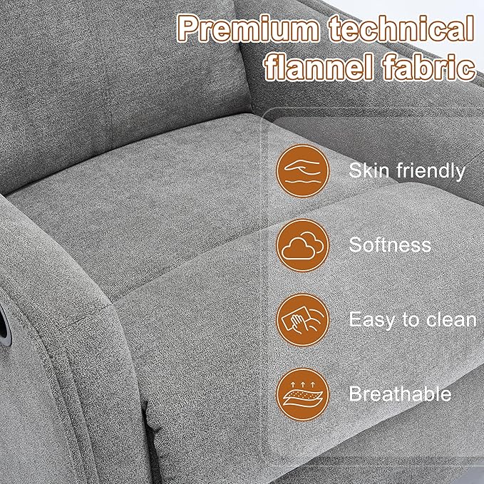 Manual 360° Swivel Rocker Recliner Chair for Adults, Overstuffed Glider Chair for Nursery with Vibration Massage and Heat, Comfy Soft Fabric Glider with Side Pockets for Living Room, Gray