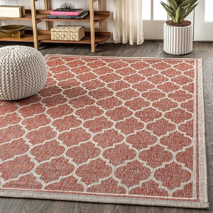 Eyely BMS109C-4 Santa Monica Trebol Moroccan Trellis Textured Weave Indoor/Outdoor Area Rug Coastal;Bohemian, Bedroom, Backyard, Patio, Easy-Cleaning, Non-Shedding, 4 X 6, Red/Beige