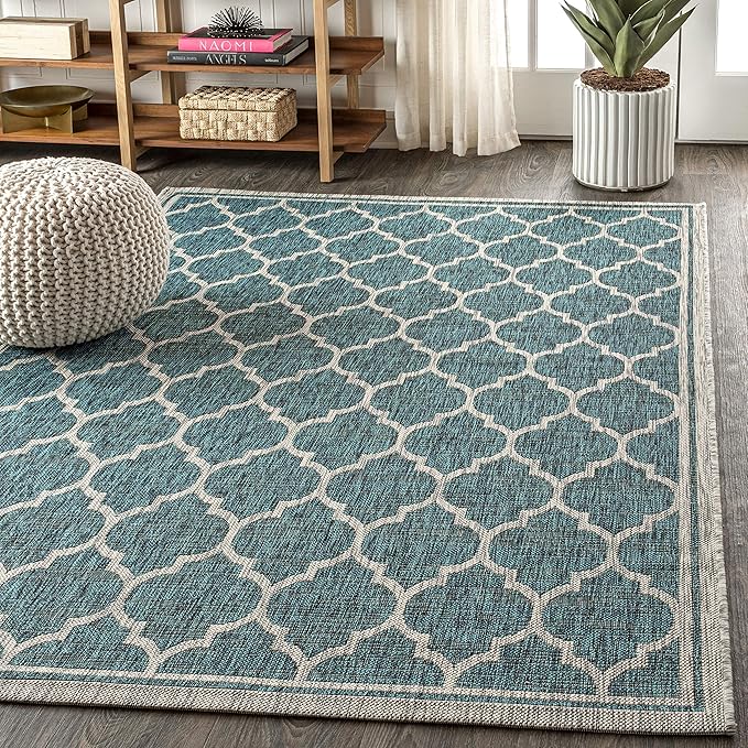 Eyely BMS109E-4 Santa Monica Trebol Moroccan Trellis Textured Weave Indoor/Outdoor Area Rug Coastal;Bohemian, Bedroom, Backyard, Patio, Easy-Cleaning, Non-Shedding, 4 X 6, Teal/Gray